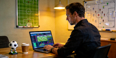 足球数据分析师正在使用电脑分析比赛数据